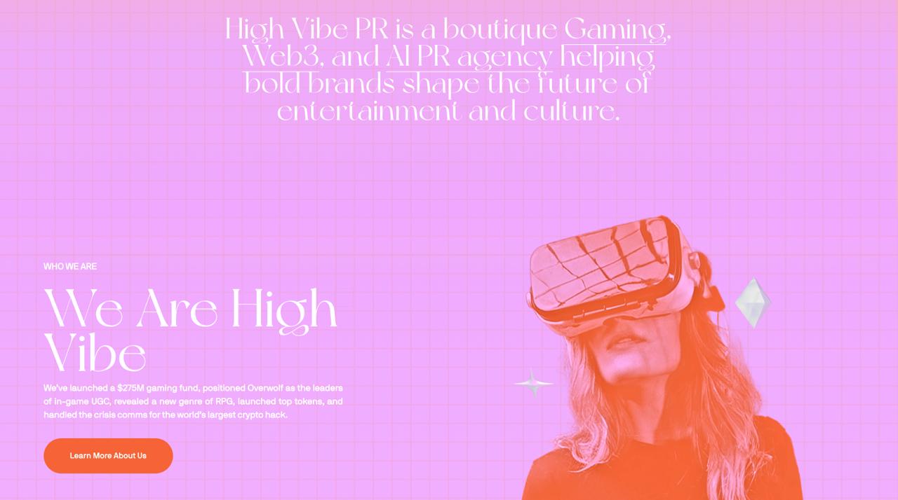High Vibe PR homepage featuring LLM optimization services, AI search visibility metrics, and crypto PR case studies for gaming and Web3 projects