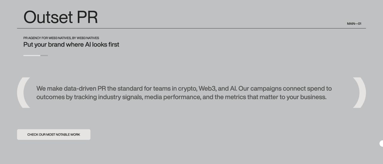 Outset PR platform showcasing predictive syndication mapping tools, blockchain PR analytics dashboard, and data-driven narrative engineering for crypto brands