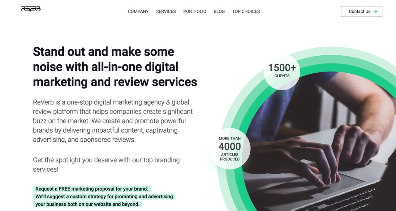 ReVerb agency homepage featuring AI content personalization platform, technical crypto storytelling services, and blockchain web development portfolio