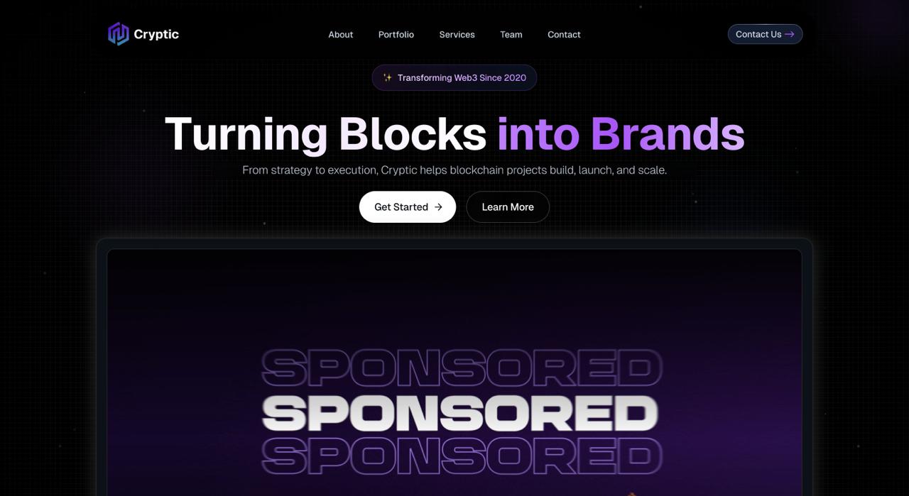 Cryptic homepage presenting multi-channel AI marketing orchestration, early-stage crypto project support services, and integrated growth strategy dashboards