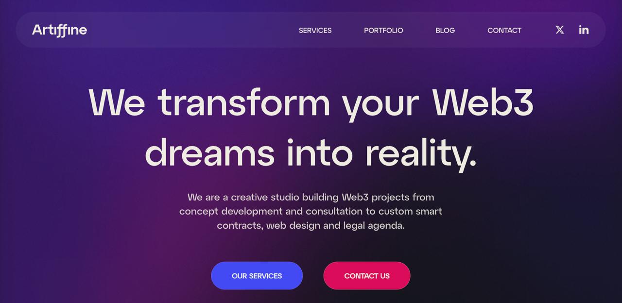 Artiffine homepage showcasing AI-powered blockchain UX design, NFT platform optimization, KYC compliance tools, and Web3 interface development services