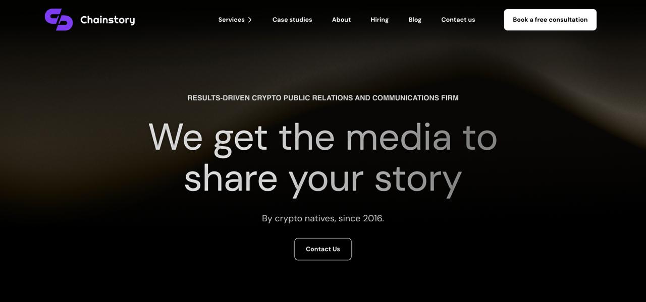 Chainstory 主页为区块链机构和 Web3 品牌展示人工智能驱动的加密公关服务和战略信息传播