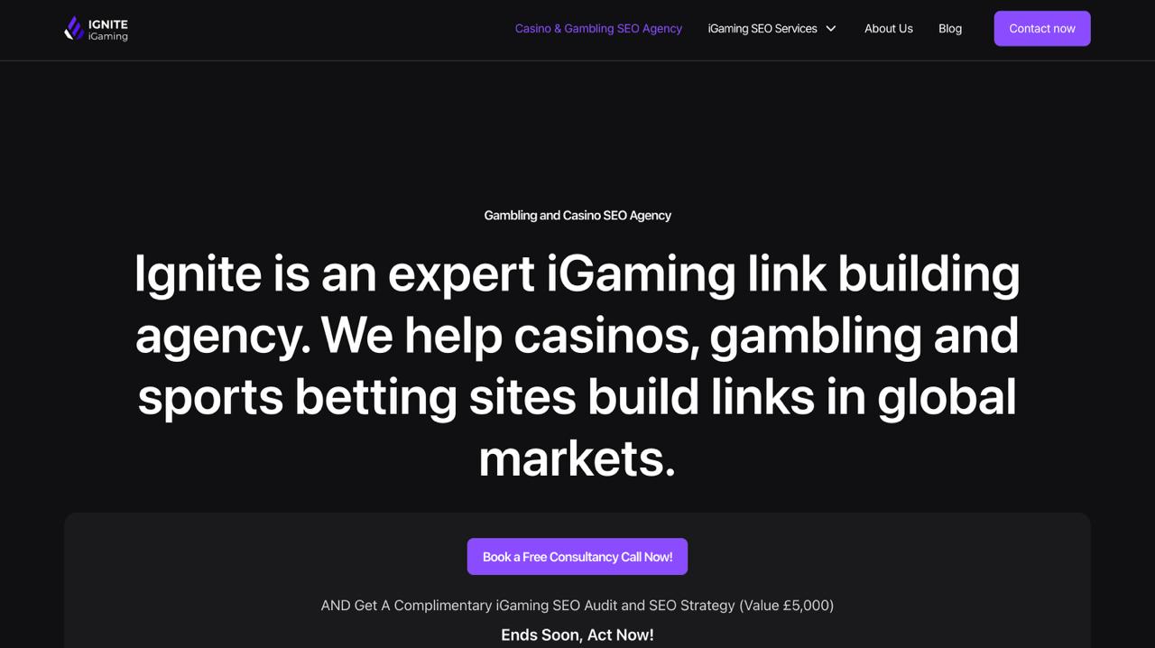 Ignite iGaming 网站为在线赌场和体育博彩平台提供专业的赌场搜索引擎优化服务，包括人工智能优化、运营经验丰富的团队以及全面的博彩搜索引擎优化策略。