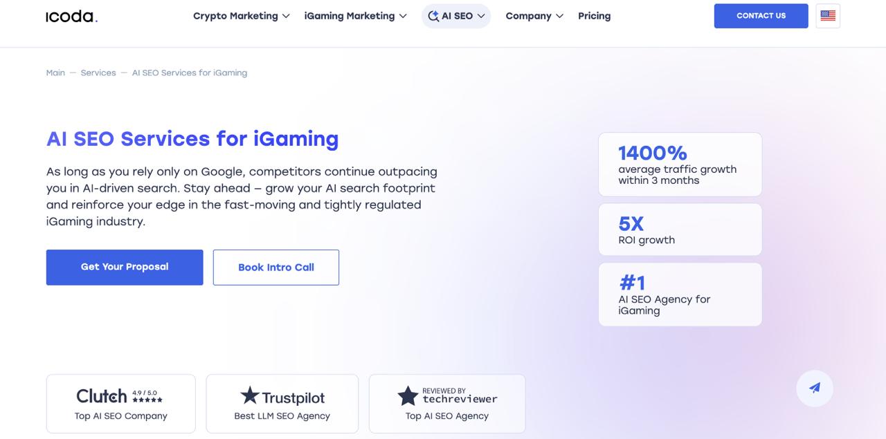 ICODA homepage displaying Web3 marketing services and blockchain gaming solutions for crypto casino operators