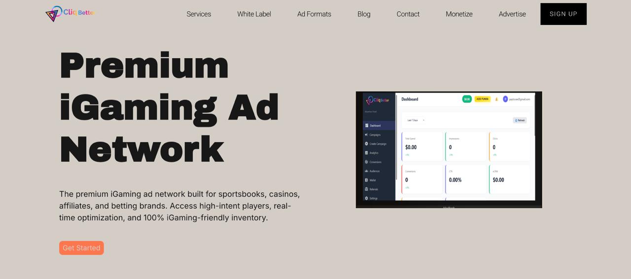 CliqBetter website interface featuring iGaming advertising services and programmatic campaign management tools