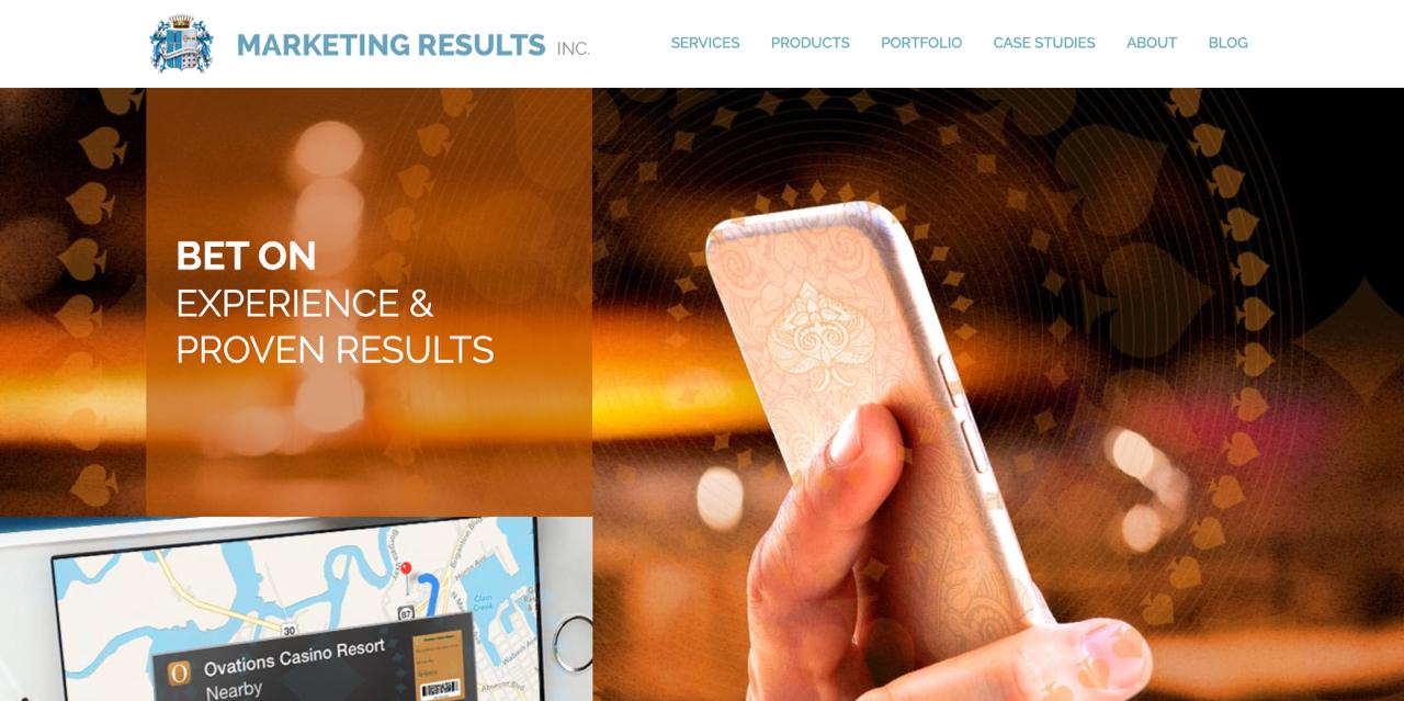 Marketing Results website displaying database marketing services and player engagement tools for casino industry clients