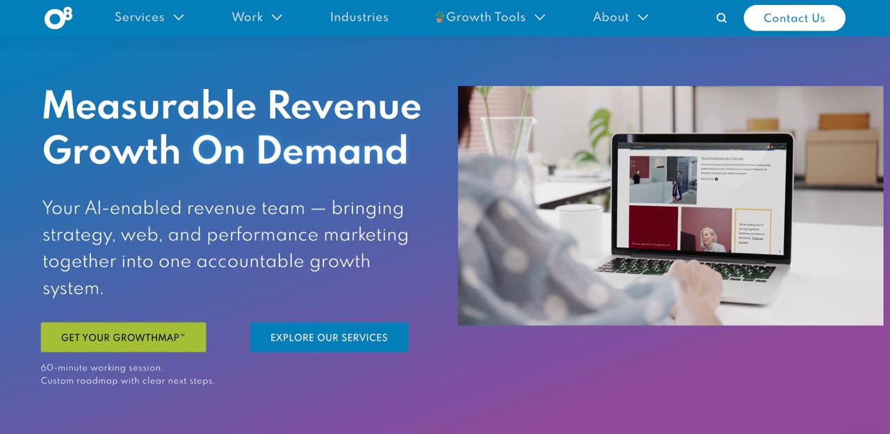O8 Agency website featuring AI marketing services and transformation solutions for business growth