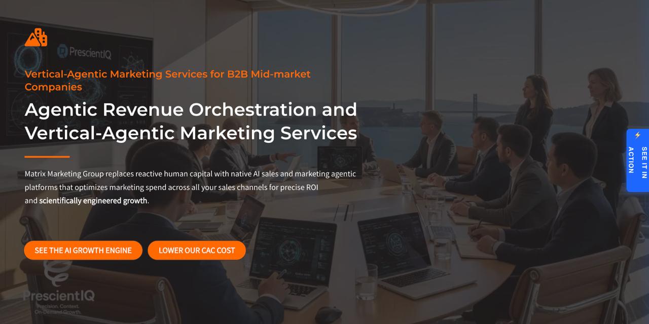 Matrix Marketing Group website showcasing multi-modal AI capabilities and integrated digital marketing services