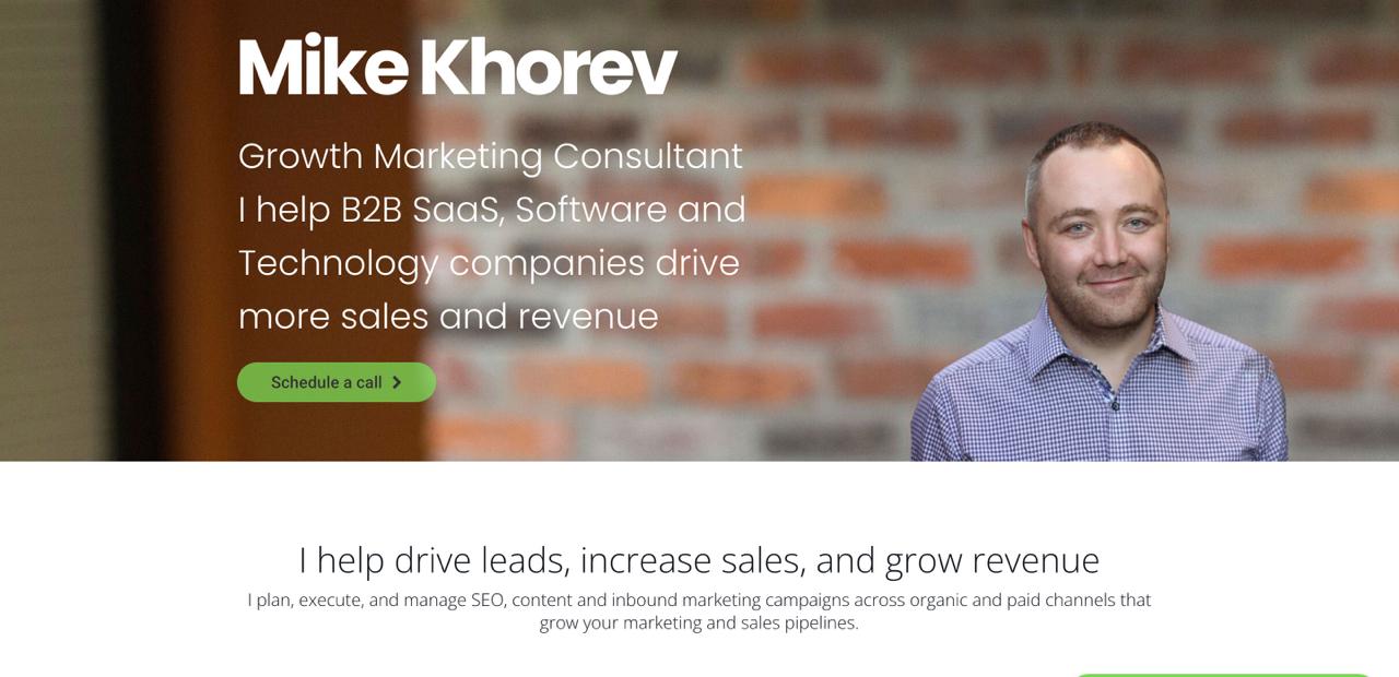 Mike Khorev consulting services page showing SEO optimization and technical marketing solutions