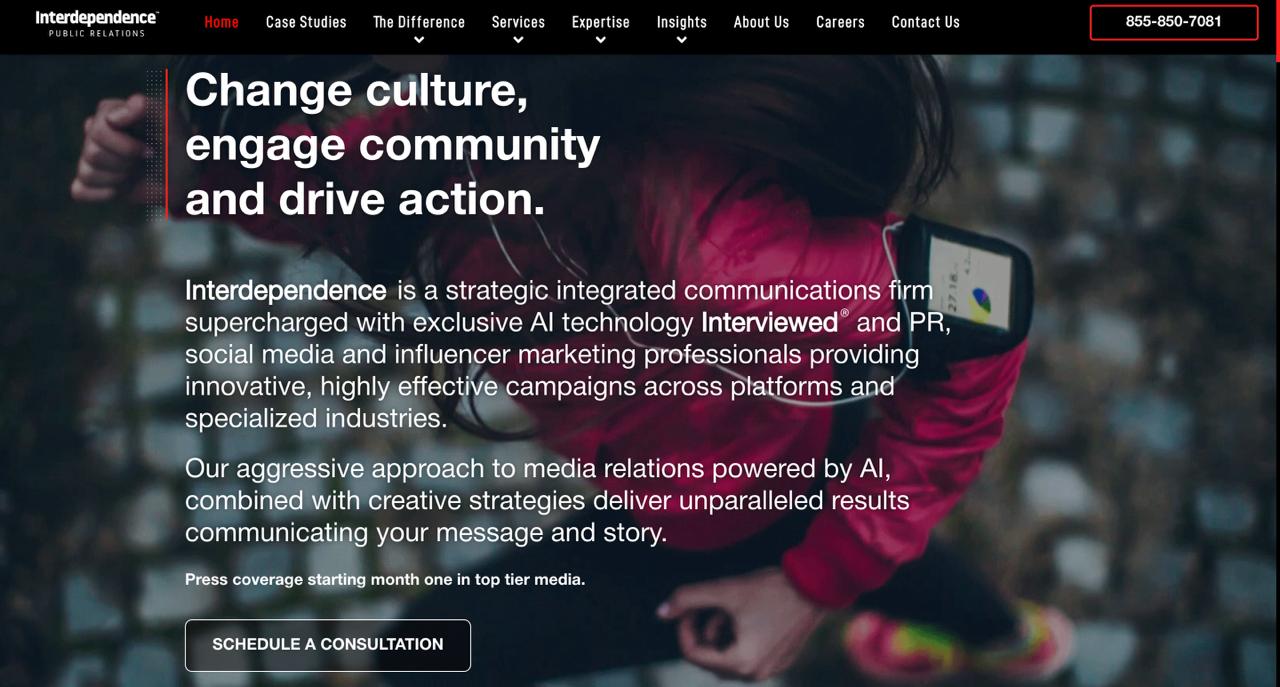 Interdependence platform interface featuring media relations tools and PR analytics technology