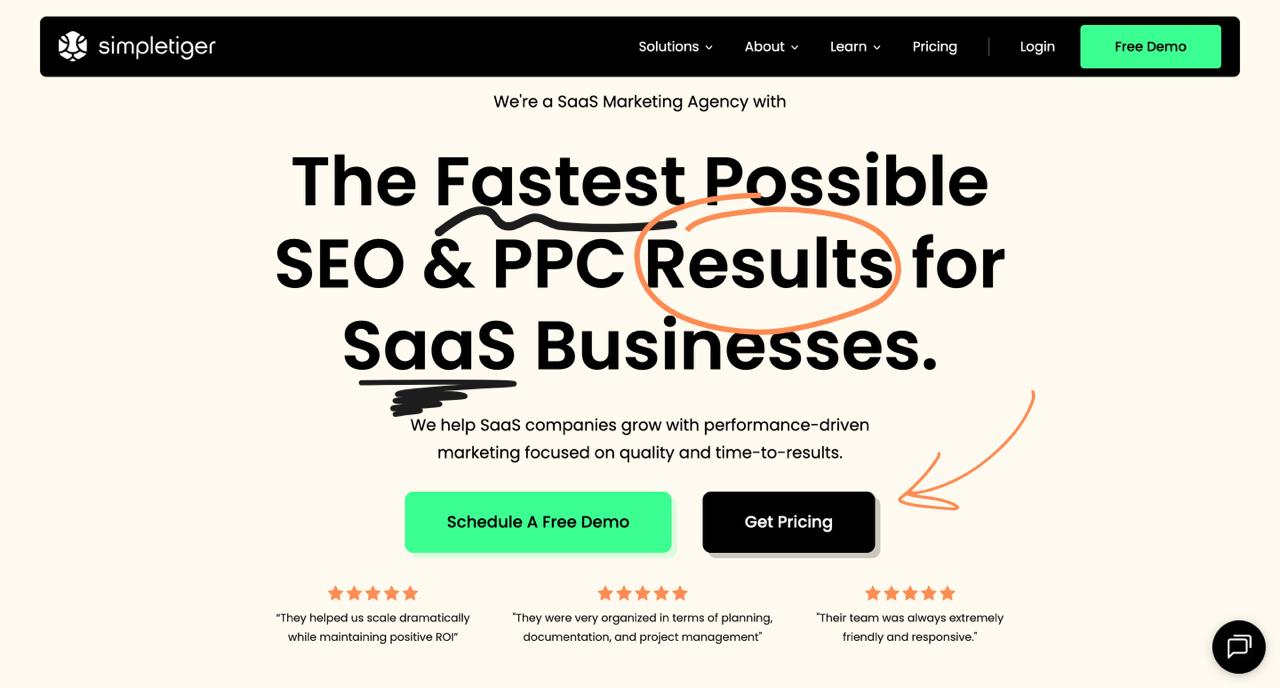SimpleTiger marketing platform displaying SEO services and content strategy tools for SaaS companies