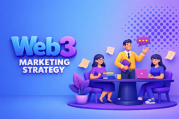 Soft 3D illustration in a blue and purple tech palette showing a team discussing strategy at a table, with the highlighted text ‘Web3 Marketing Strategy’ and rounded, modern shapes on a gradient background.
