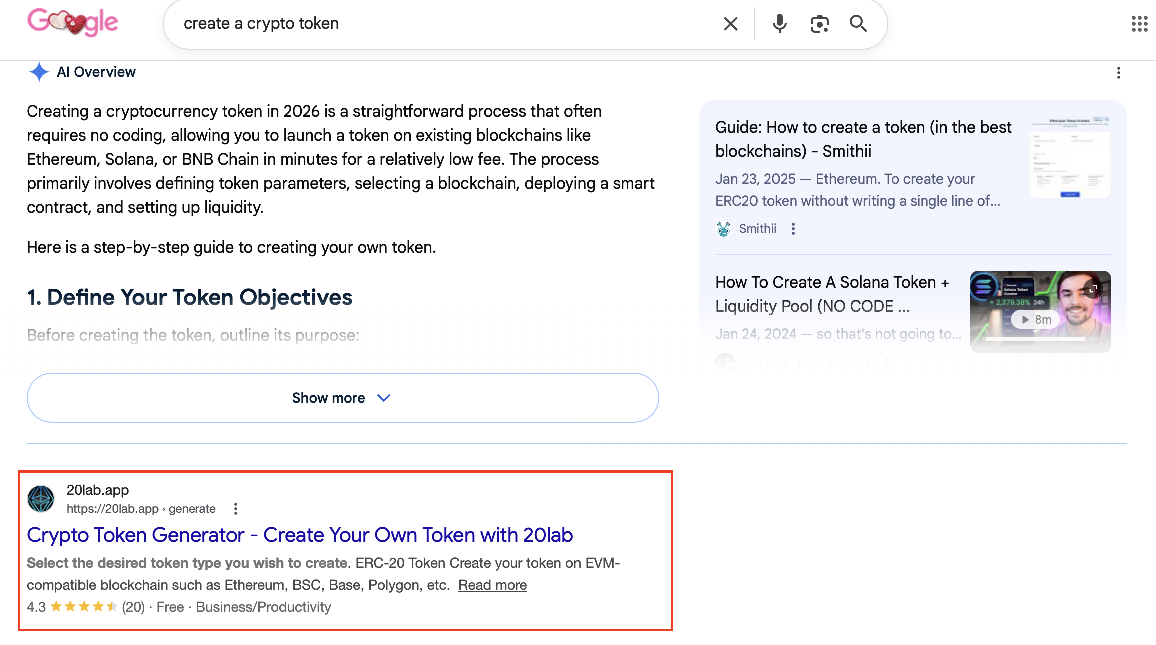 Google search results for "create a crypto token" showing 20lab.app ranking #1 below AI Overview