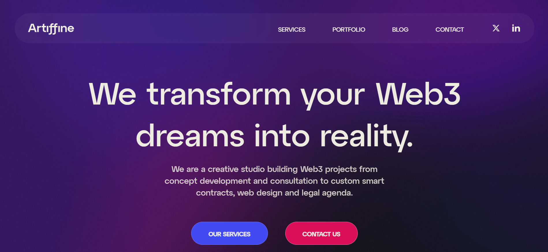 Artiffine Web3 creative studio offering outsourced marketing services with smart contract development and legal consulting.
