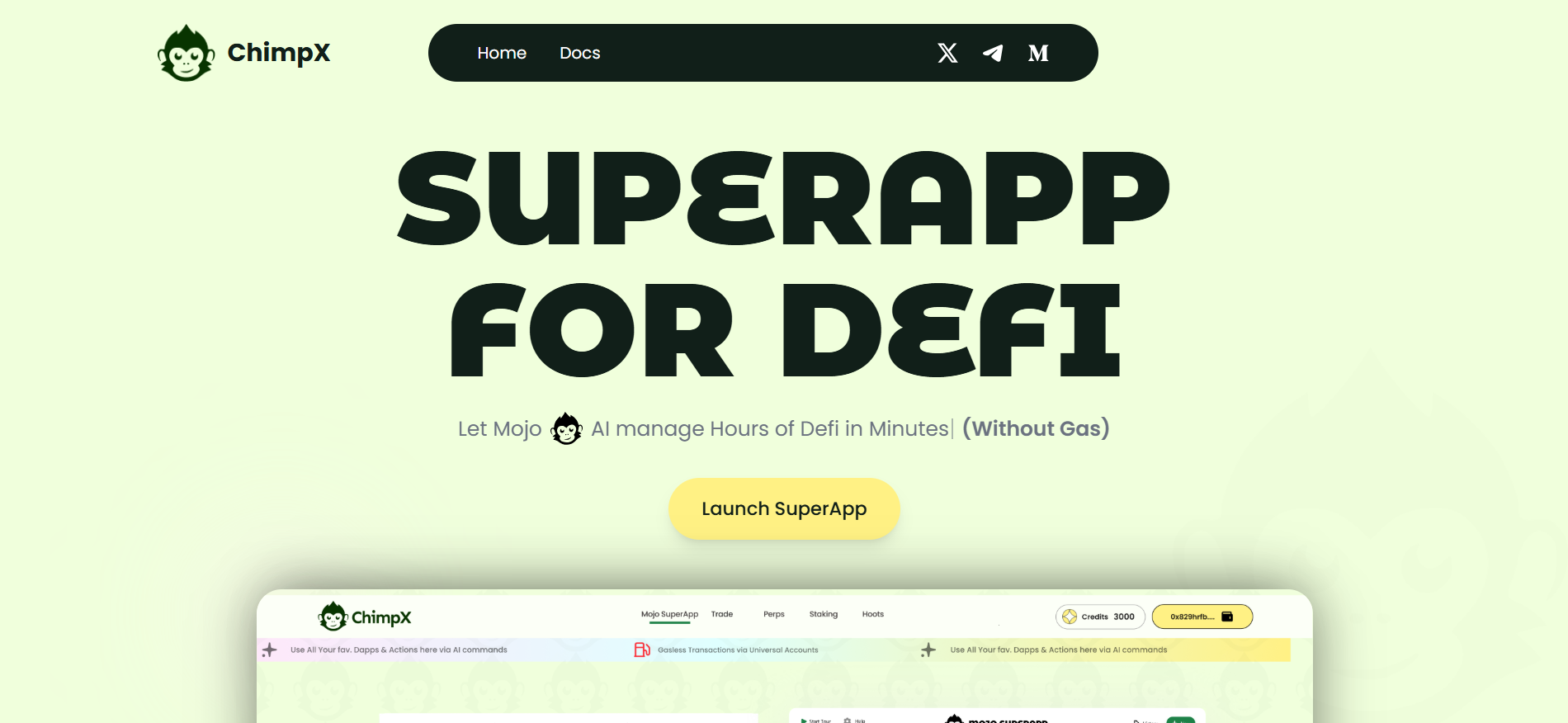 ChimpX SuperApp para DeFi que permite a Mojo AI gestionar horas de finanzas descentralizadas en minutos sin gas mejor preventa de criptomonedas febrero.