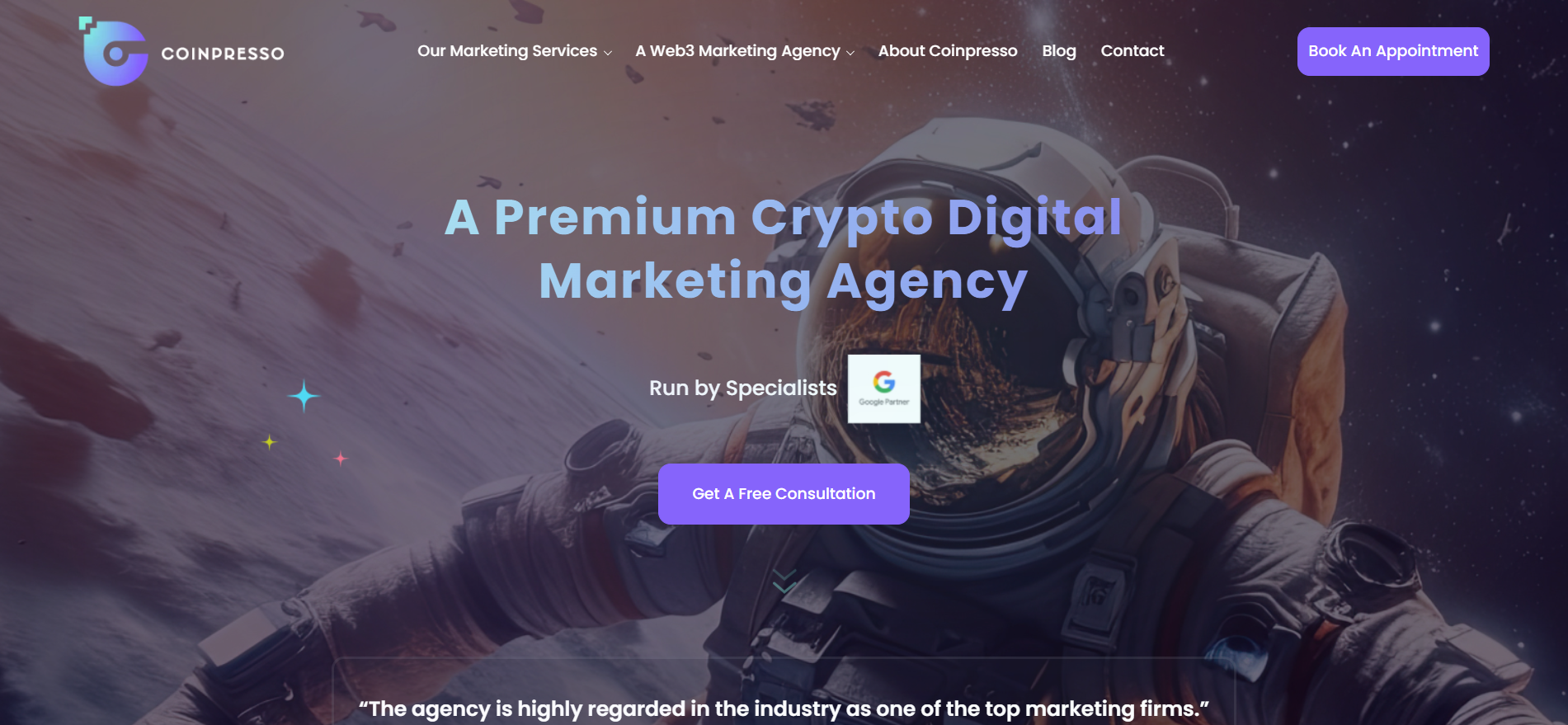 Coinpresso premium crypto digital marketing agency with Google Partner badge offering Web3 marketing consulting services.
