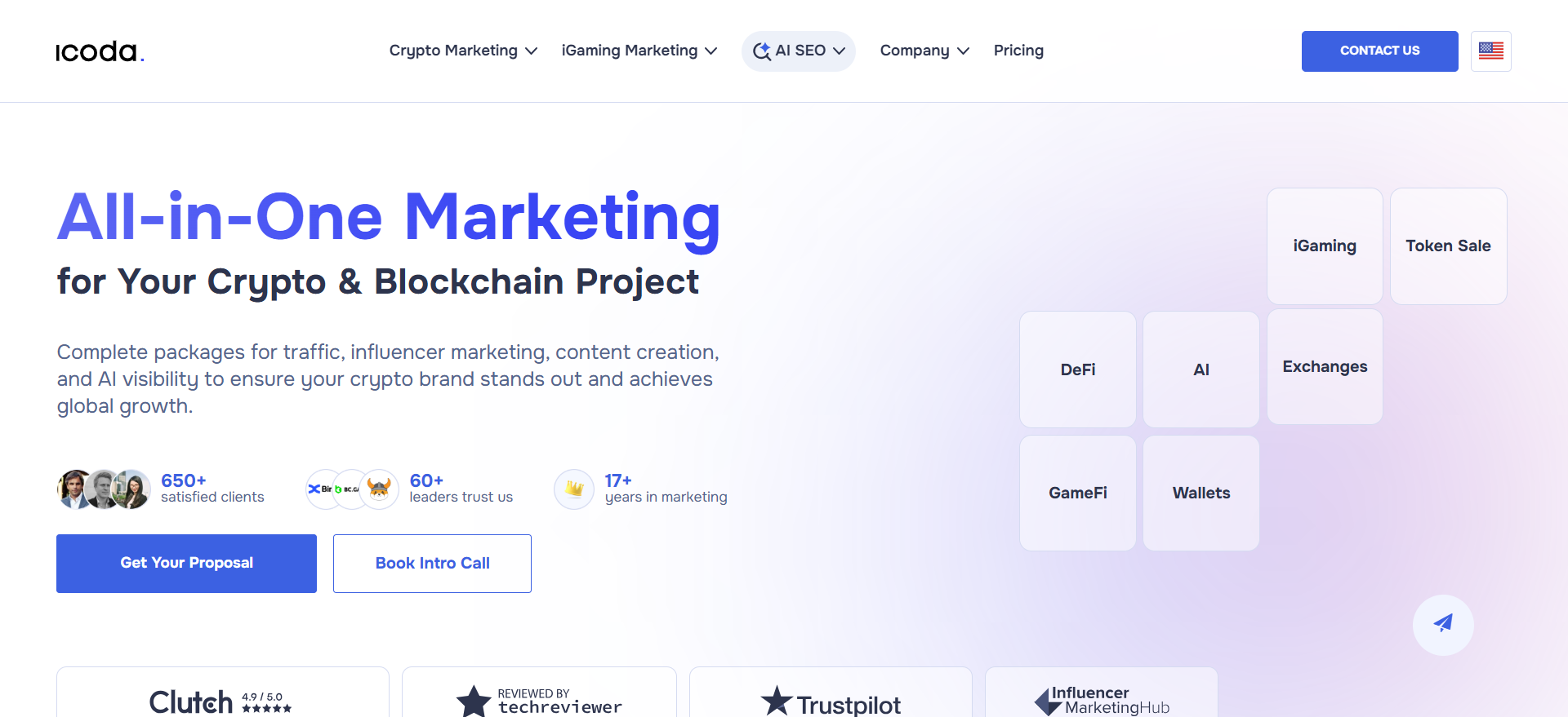 ICODA all-in-one crypto and blockchain marketing agency with 650 plus clients across DeFi GameFi iGaming and AI verticals.