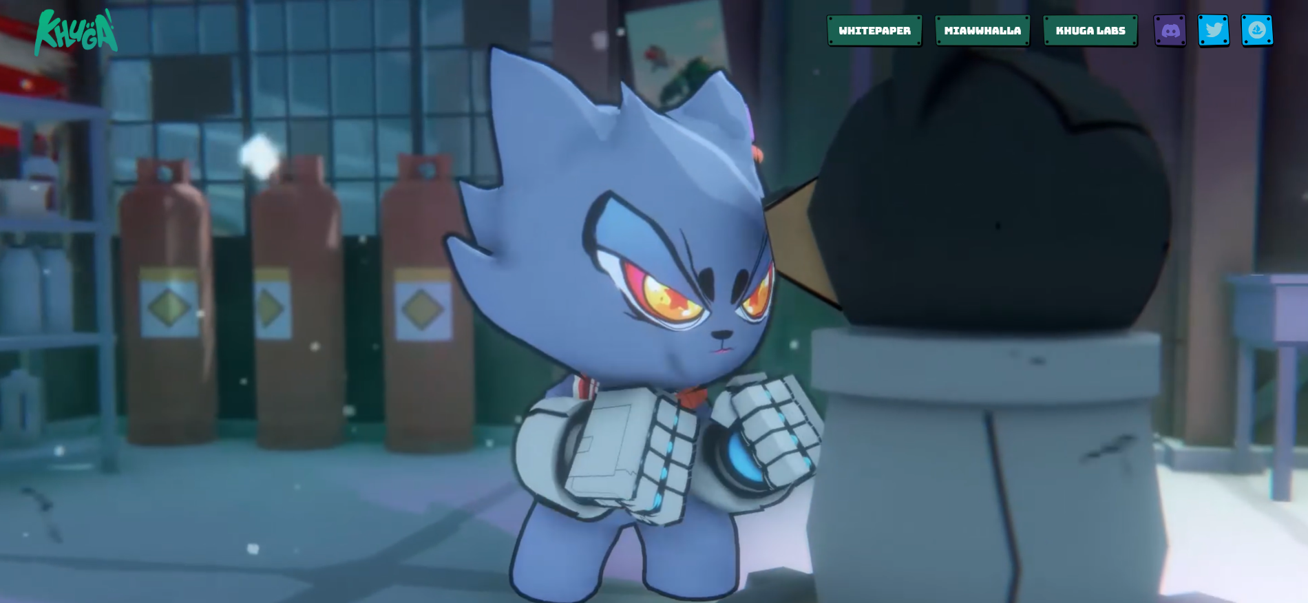 Personaje felino guerrero del Khugaverse del juego Khuga Bash disponible en Steam como parte de la preventa GameFi de febrero de 2026.