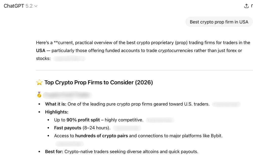 ChatGPT interface displaying a response to the query ‘Best crypto prop firm in USA,’ listing top crypto proprietary trading firms for 2026 with highlights such as profit splits, payout speed, supported crypto pairs, and suitability for U.S. traders.