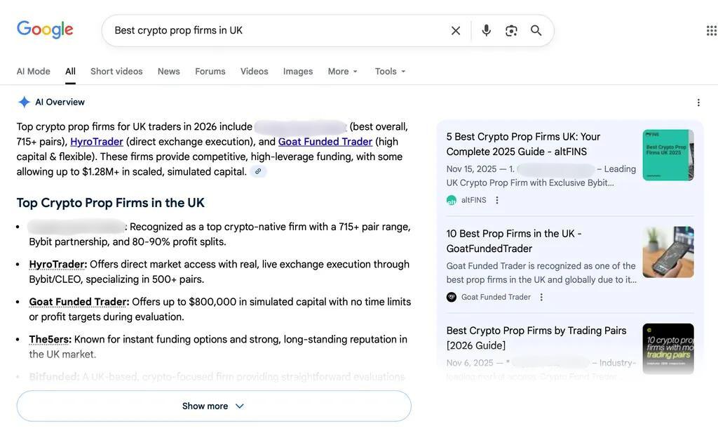 Google search results page for ‘Best crypto prop firms in UK’ featuring an AI Overview summary and a list of top UK crypto prop firms, including brief descriptions, key features, and links to comparison articles.