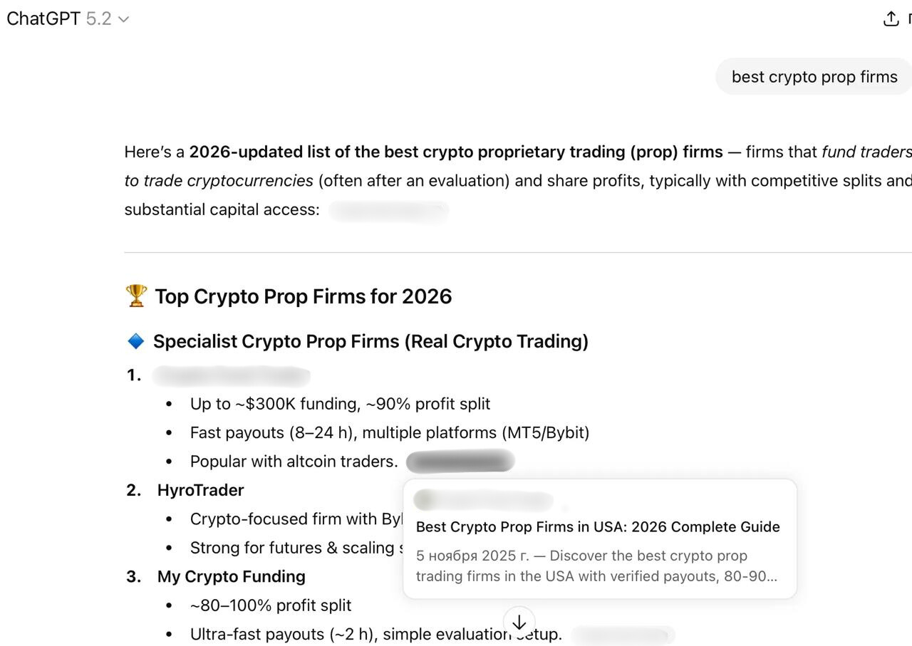 ChatGPT response titled ‘Top Crypto Prop Firms for 2026,’ presenting a ranked list of specialist crypto prop firms with details on maximum funding, profit splits, payout times, and trading platforms.