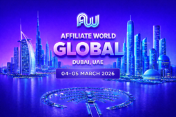 Purple-to-blue gradient poster for Affiliate World Global in Dubai, UAE, showing a stylized Dubai skyline and Palm Jumeirah. The AW logo appears above bold 3D text ‘AFFILIATE WORLD GLOBAL’, with ‘DUBAI, UAE’ and the dates ‘04–05 MARCH 2026’.