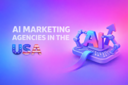 AI marketing agencies in the USA with gradient ‘AI’ letters, robotic arms, and a blue-pink background.