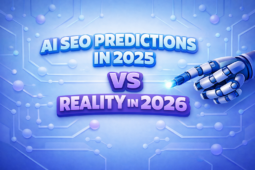 AI SEO predictions versus reality with futuristic 3D text and robotic hand