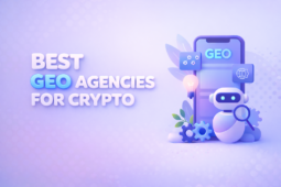 Soft 3D illustration in blue and purple tones featuring bold text “Best GEO Agencies for Crypto” with “GEO” highlighted in gradient blue, alongside a 3D smartphone, robot with magnifying glass, gears, and tech icons on a light purple background.