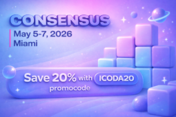 شعار ترويجي ناعم ثلاثي الأبعاد لـ Consensus 2026 (5-7 مايو، ميامي) بلون أزرق وأرجواني متدرج، يضم نصًا كبيرًا ثلاثي الأبعاد مدورًا 