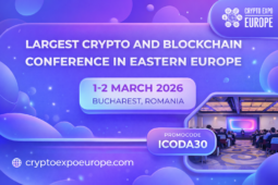 Soft 3D blue and purple promotional banner for Crypto Expo Europe 2026 featuring the headline “Largest Crypto and Blockchain Conference in Eastern Europe,” event dates 1–2 March 2026 in Bucharest, Romania, website cryptoexpoeurope.com, and a rounded 3D promo badge with code ICODA30. The right side shows a realistic 3D-rendered conference hall scene with audience and stage lighting.