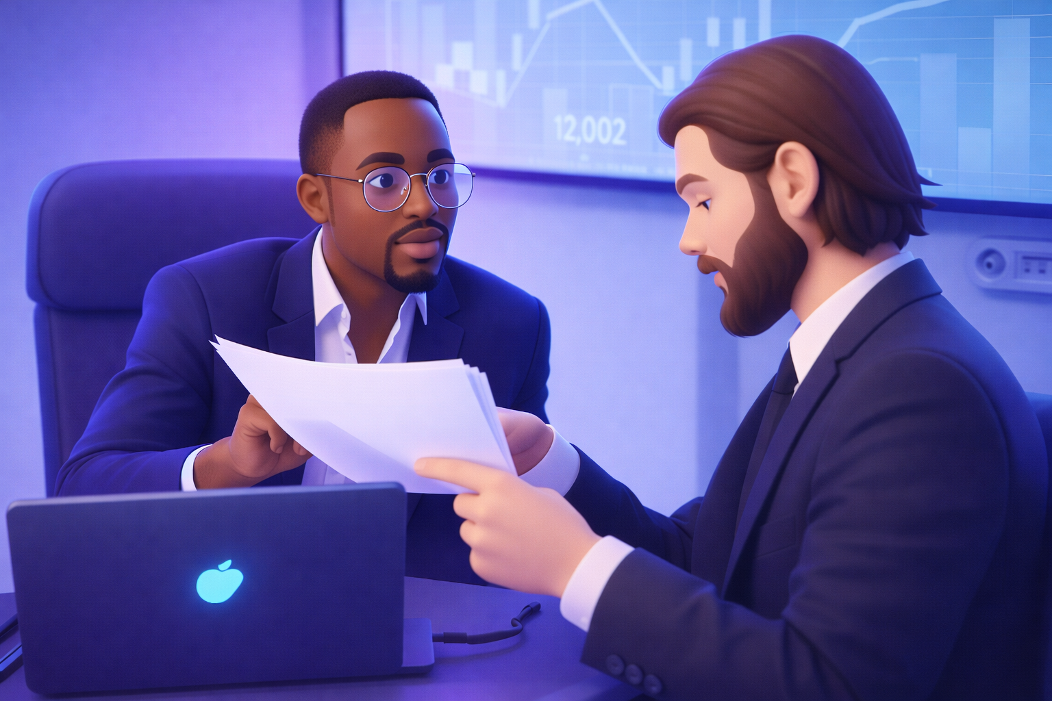 Marketing consultants reviewing campaign performance data and growth metrics for blockchain project strategic planning session.