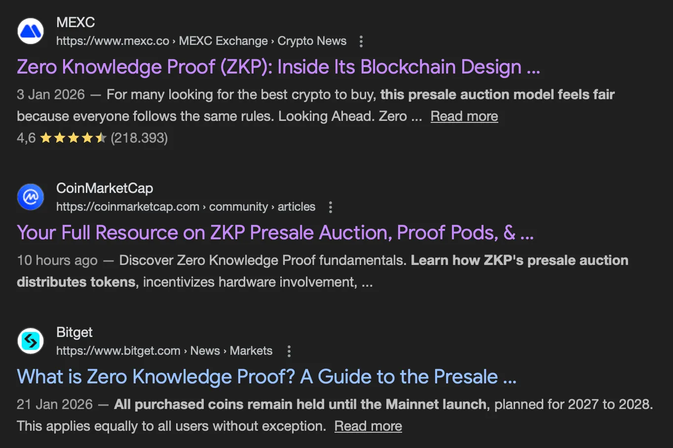 谷歌搜索结果显示，在 2026 年的加密货币预售项目查询中，MEXC、CoinMarketCap 和 Bitget 重印本占据了热门位置。