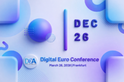 Modern abstract event banner for the Digital Euro Conference featuring blue and purple gradient 3D shapes, the date ‘DEC 26,’ and the text ‘Digital Euro Conference – March 26, 2026 | Frankfurt.