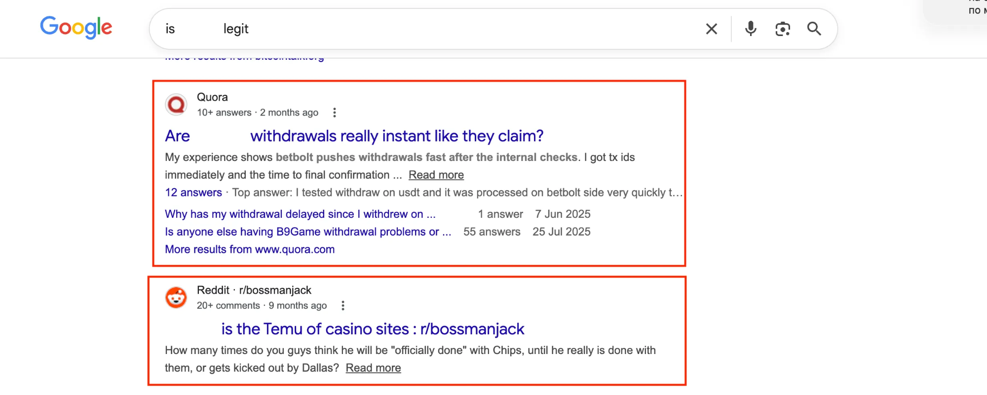 Google search results showing Quora answers ranking for casino legitimacy and withdrawal speed queries with 10+ answers.