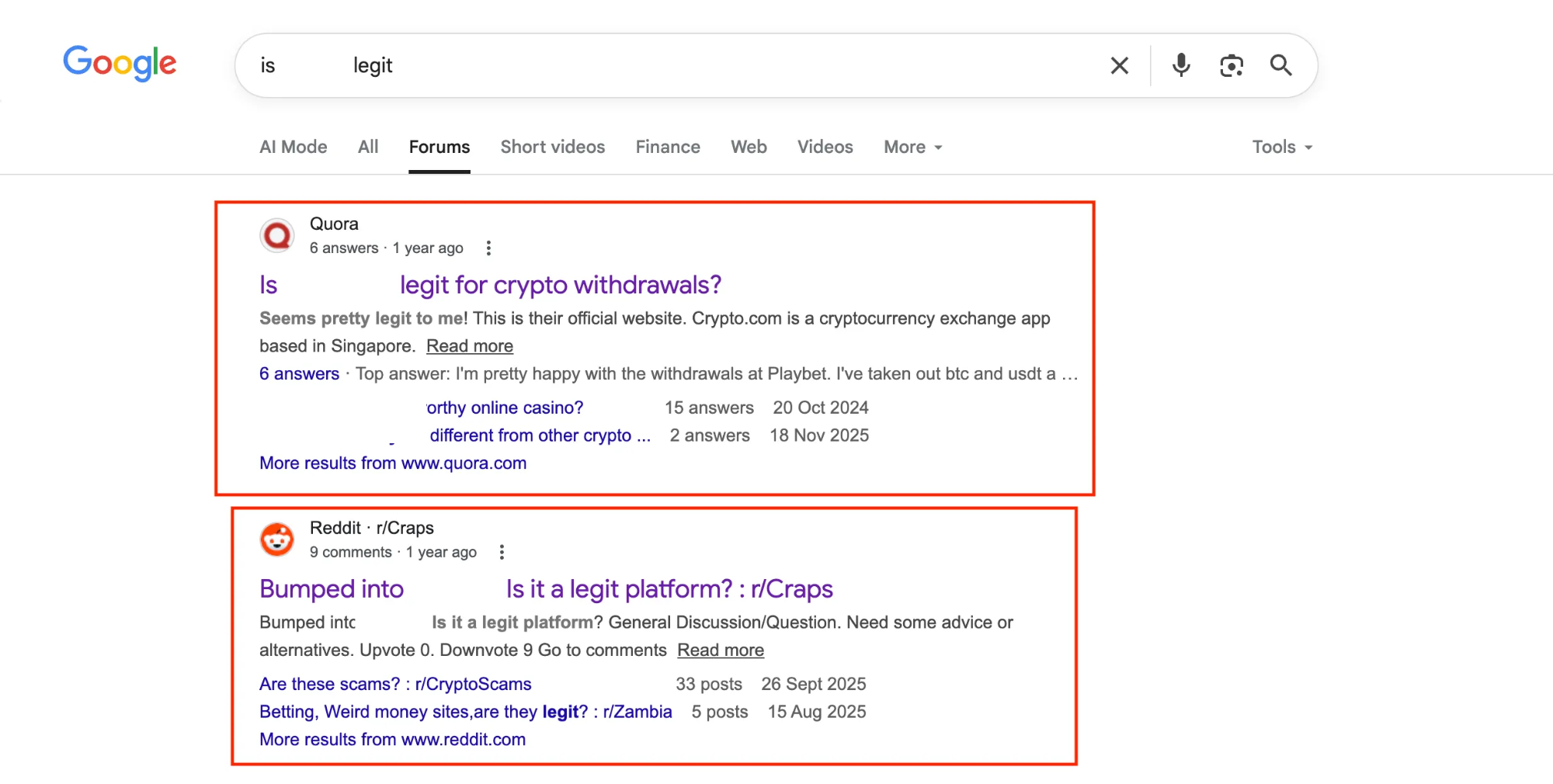 Google search results for casino legitimacy showing Quora and Reddit forum discussions ranking in top positions.