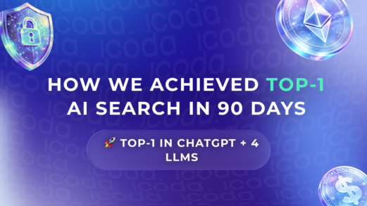Graphic showing how ICODA achieved top-1 ranking in AI search within 90 days, including ChatGPT and multiple LLMs, with futuristic AI and crypto visuals.