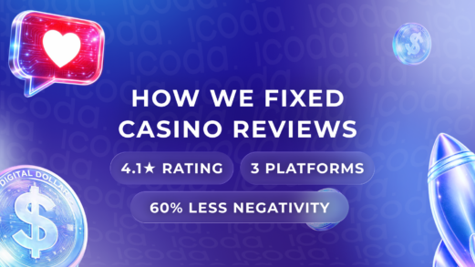 Online casino reputation management case study hero image showing 4.1-star Trustpilot rating, 3 platforms optimized, and 60% reduction in negative reviews with neon gaming icons.