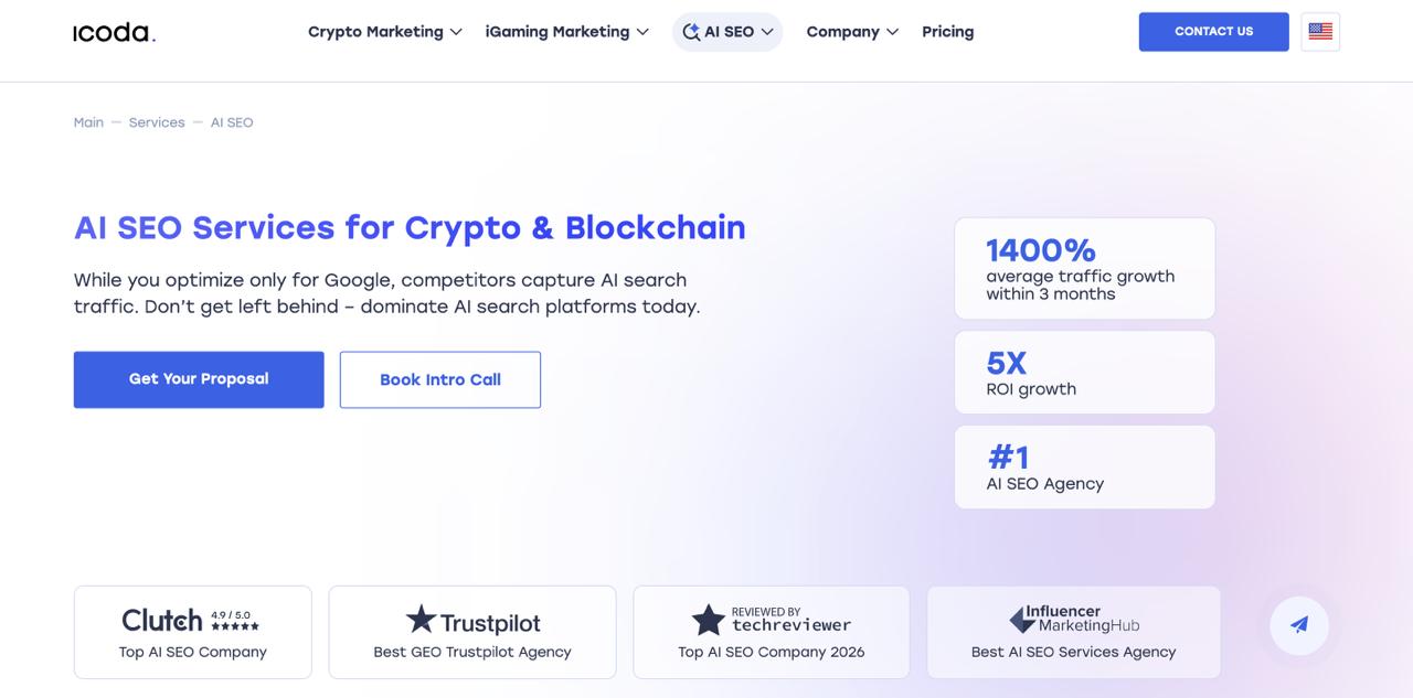 A página inicial da ICODA apresenta serviços de marketing de IA para projectos blockchain e Web3