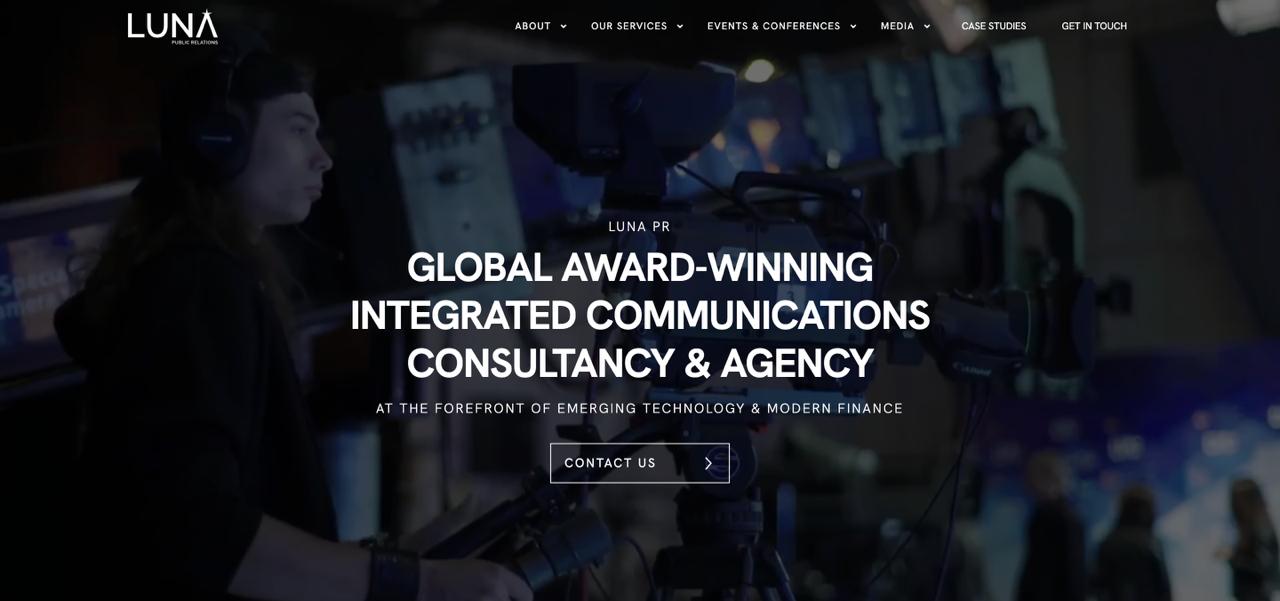 Página inicial da Luna PR que apresenta os serviços de comunicação de marketing de criptomoedas e PR de cadeias de blocos