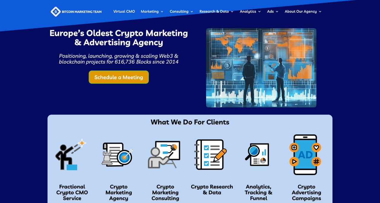 Página inicial da Bitcoin Marketing Team que apresenta a estratégia de lançamento de tokens e os serviços de marketing da Web3