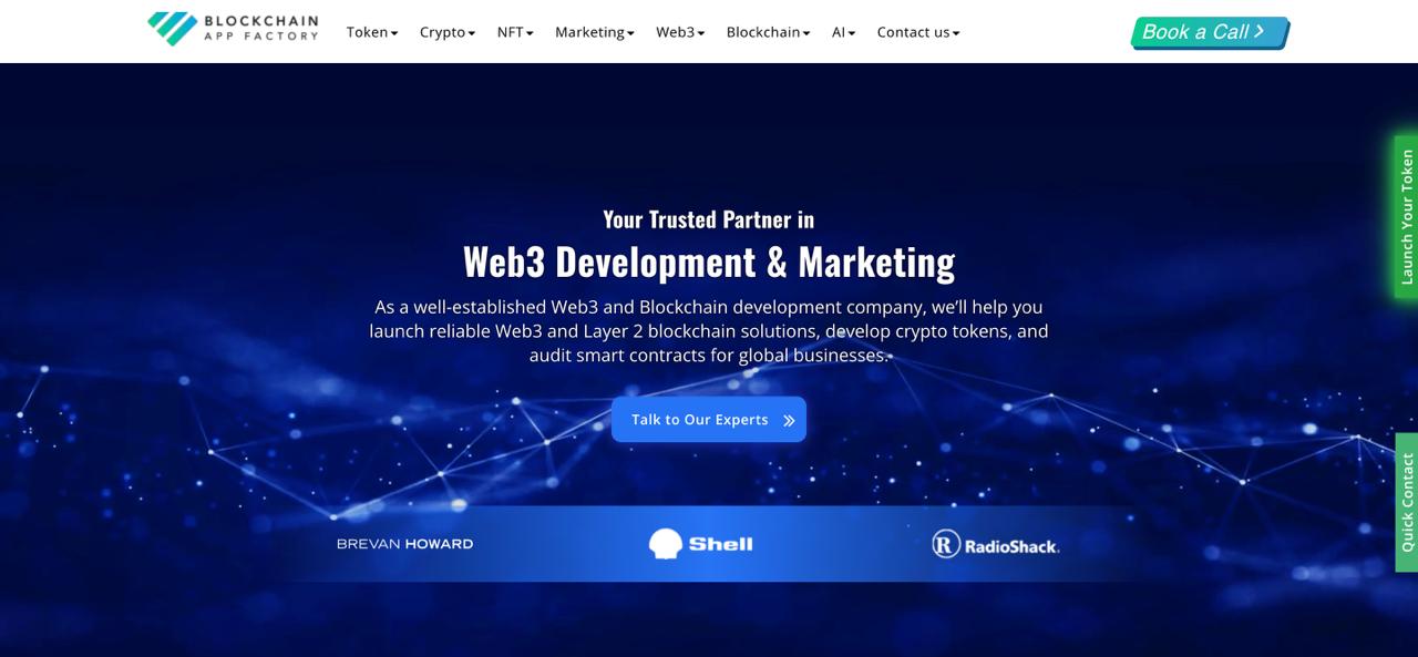 Página inicial da Blockchain App Factory com soluções de promoção de tokens de IA e de marketing de criptomoedas