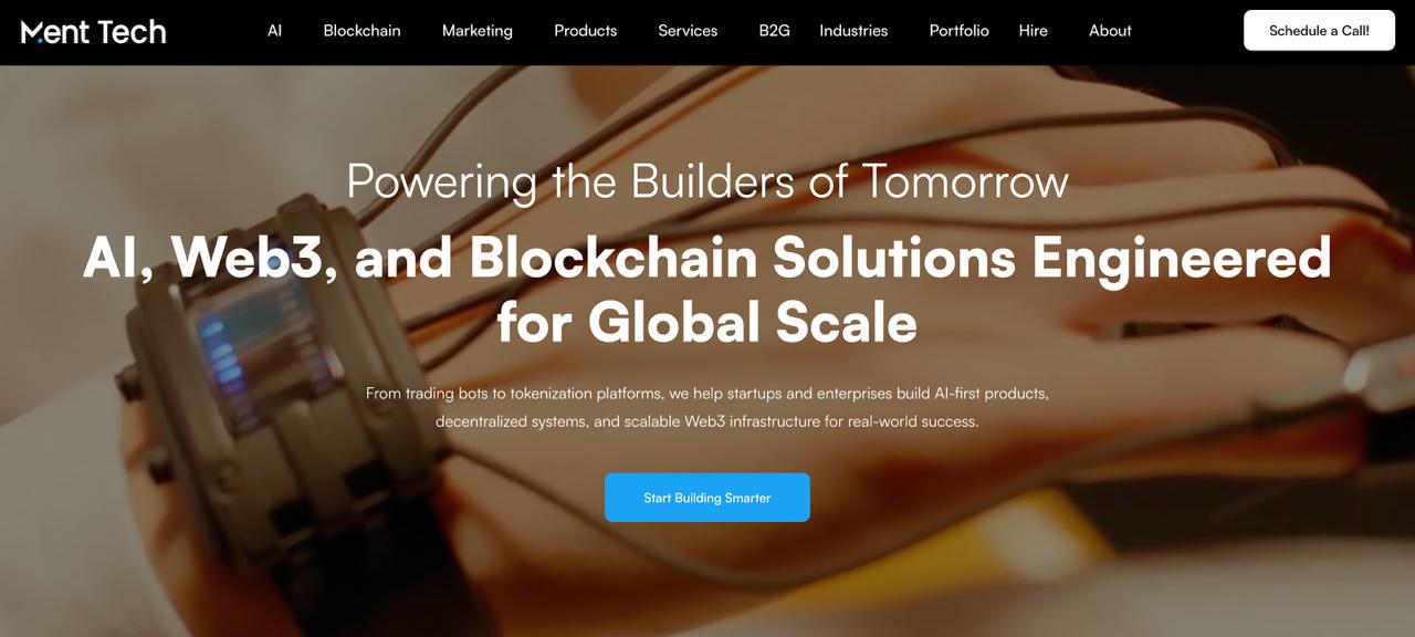 A página inicial da Ment Tech Labs apresenta os serviços de PR de blockchain e de marketing de IA para projectos Web3