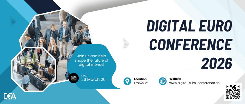 Digital Euro Conference 2026 promotional banner with networking photos, March 26 date, Frankfurt location, and website information