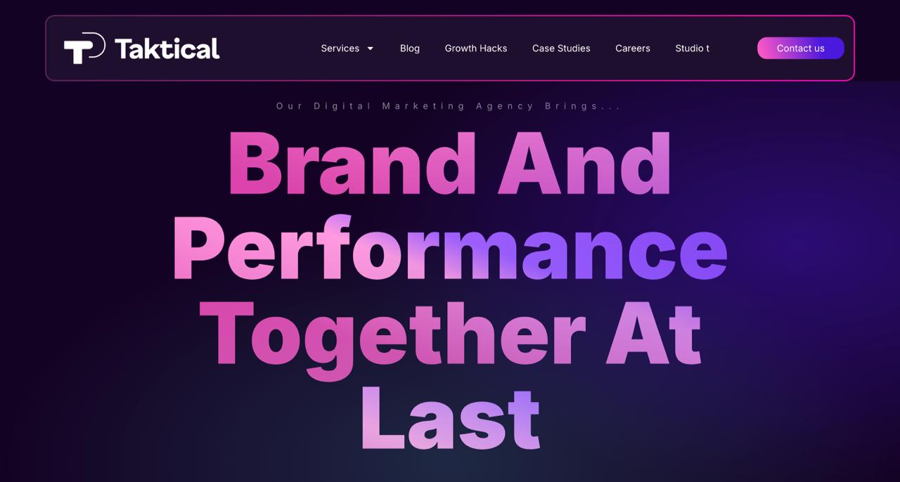 Taktical Digital 主页的特色是在 Meta、LinkedIn 和 TikTok 上针对金融科技受众开展人工智能优化的精准定向付费社交活动