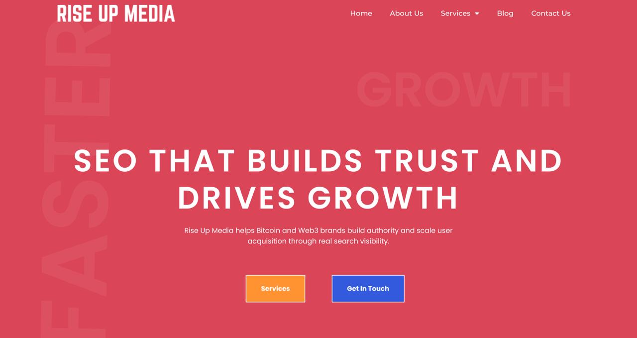 Rise Up Media homepage featuring AI search optimization and topical authority building services for Bitcoin and Web3 brands