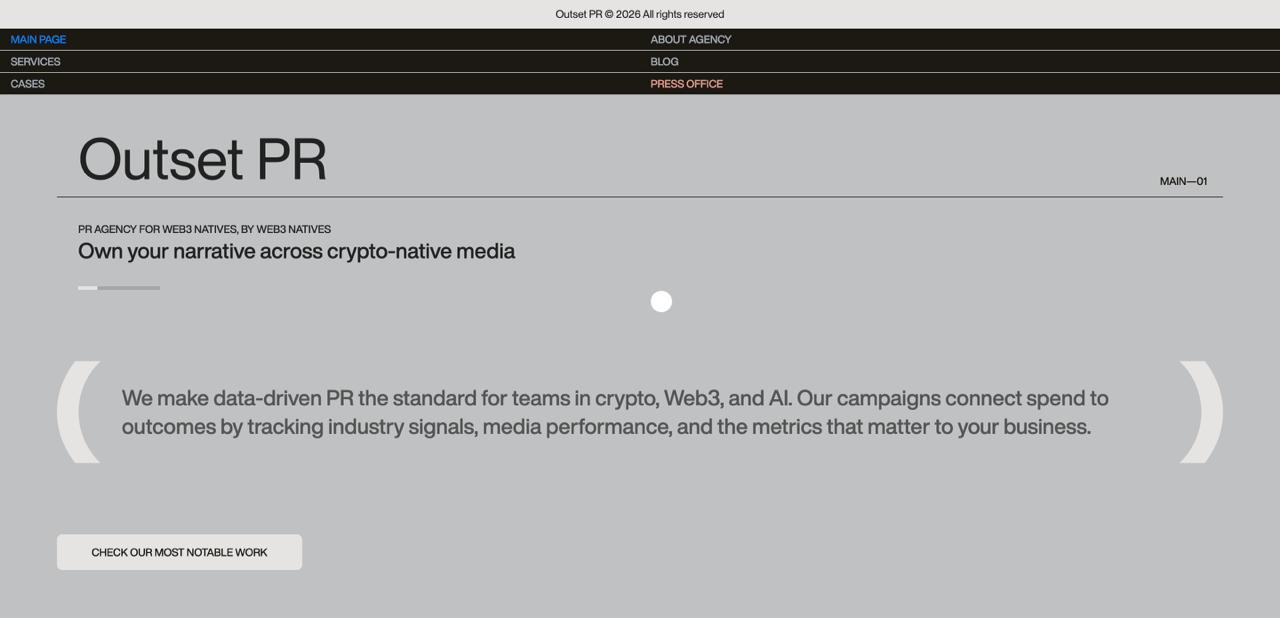 Outset PR homepage highlighting PR for LLM discovery and semantic brand positioning services for Web3 clients