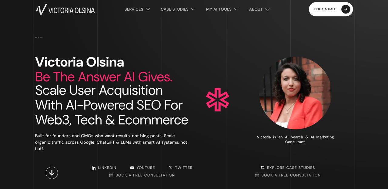 Victoria Olsina homepage outlining AI search consulting and technical SEO systems for DeFi and Web3 infrastructure teams