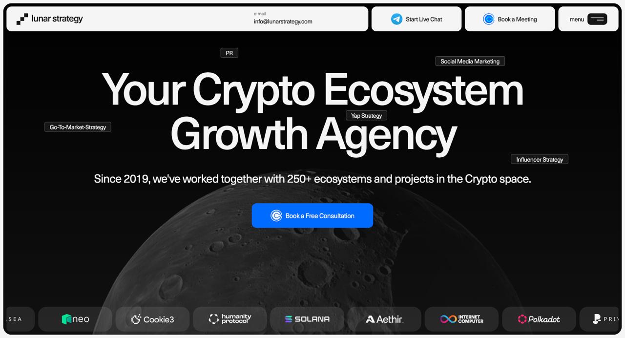 Lunar Strategy homepage presenting go-to-market strategy and paid media integration services for crypto and Web3 brands