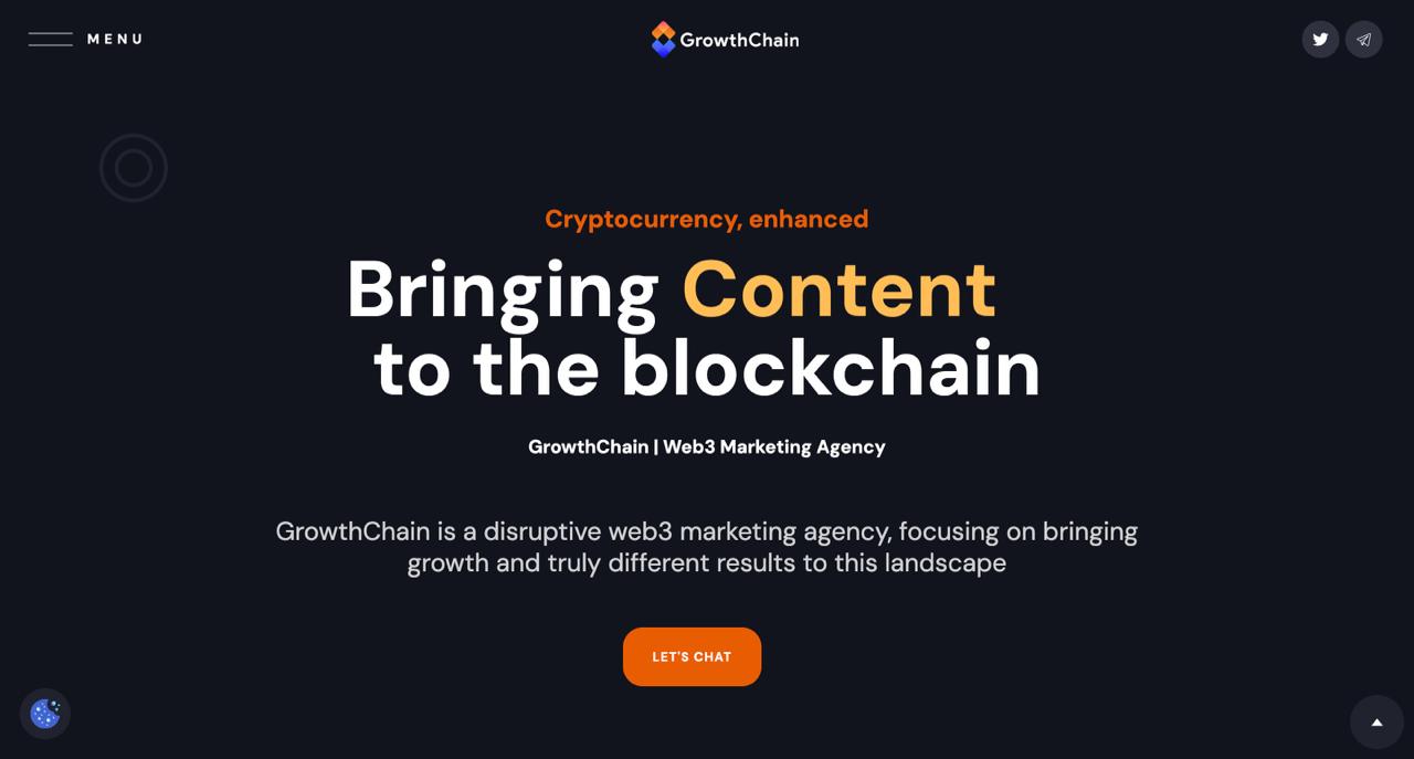 GrowthChain homepage featuring community building and crypto SEO services for DAOs, NFT projects, and DeFi startups